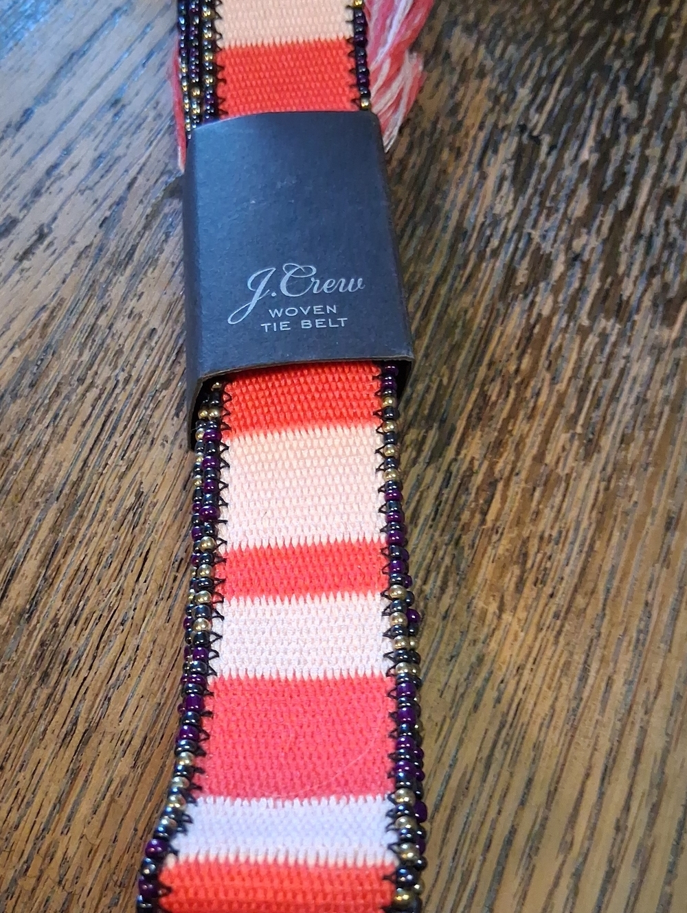 J. Crew Striped Woven Tie Belt in Coral and Cream with Beaded Trim NWT-Retail 52
